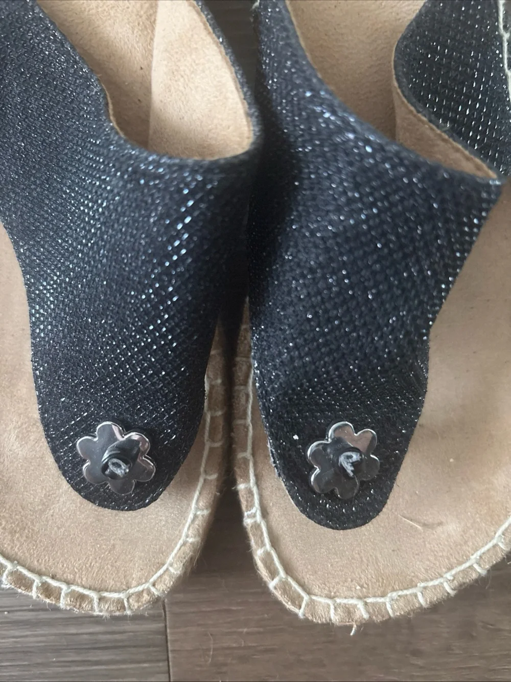 Mountain Lake Black Espadrille Thong Sandals with Flower Accent